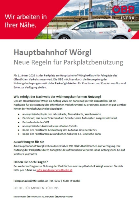 Hauptbahnhof Wörgl: Ab Jänner neue Parkplatz-Regelung